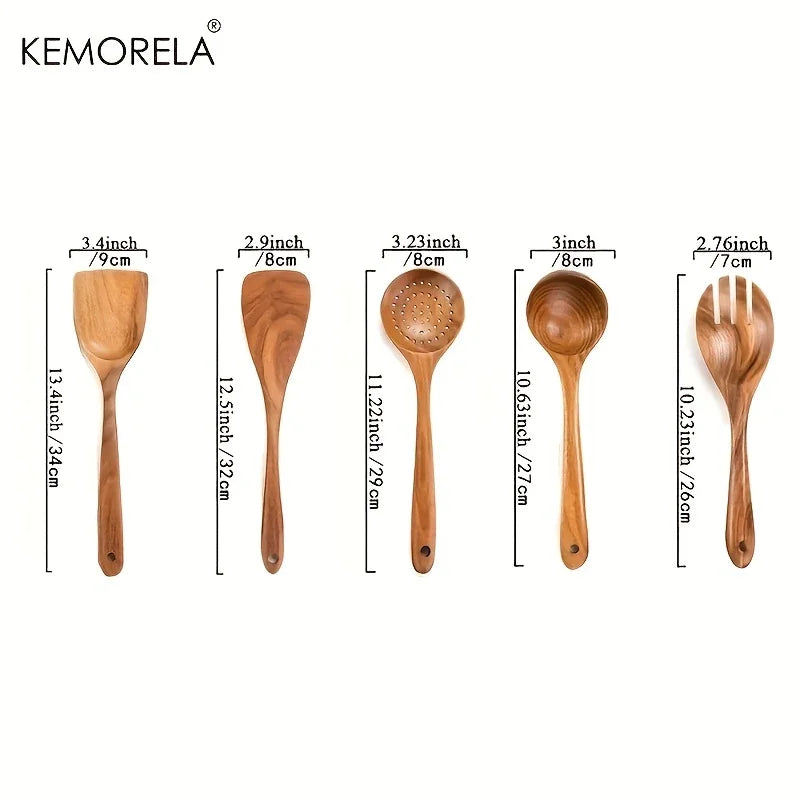 5PCS Cuchara de Cocina de Teca de Tailandia Herramienta de Vajilla de Madera Natural Cucharón Espátula Colador de Arroz Espumadera de Sopa Utensilios
