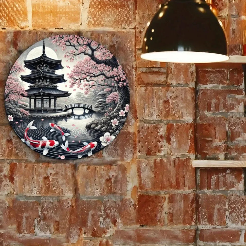 Pancarte Murale en Métal Poisson Koi - Décorée d'une Couronne Artistique, Décoration Murale pour Salon, Bureau, Café, Bar, Maison et Dortoir