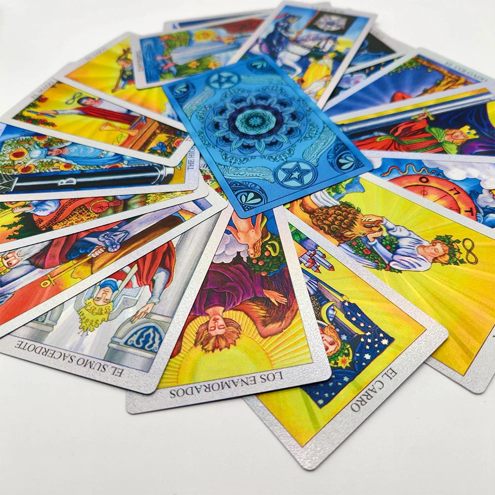 Jeu de cartes de divination laser Tarot espagnol en feuille d'or pour débutants 12x7cm avec guide bilingue