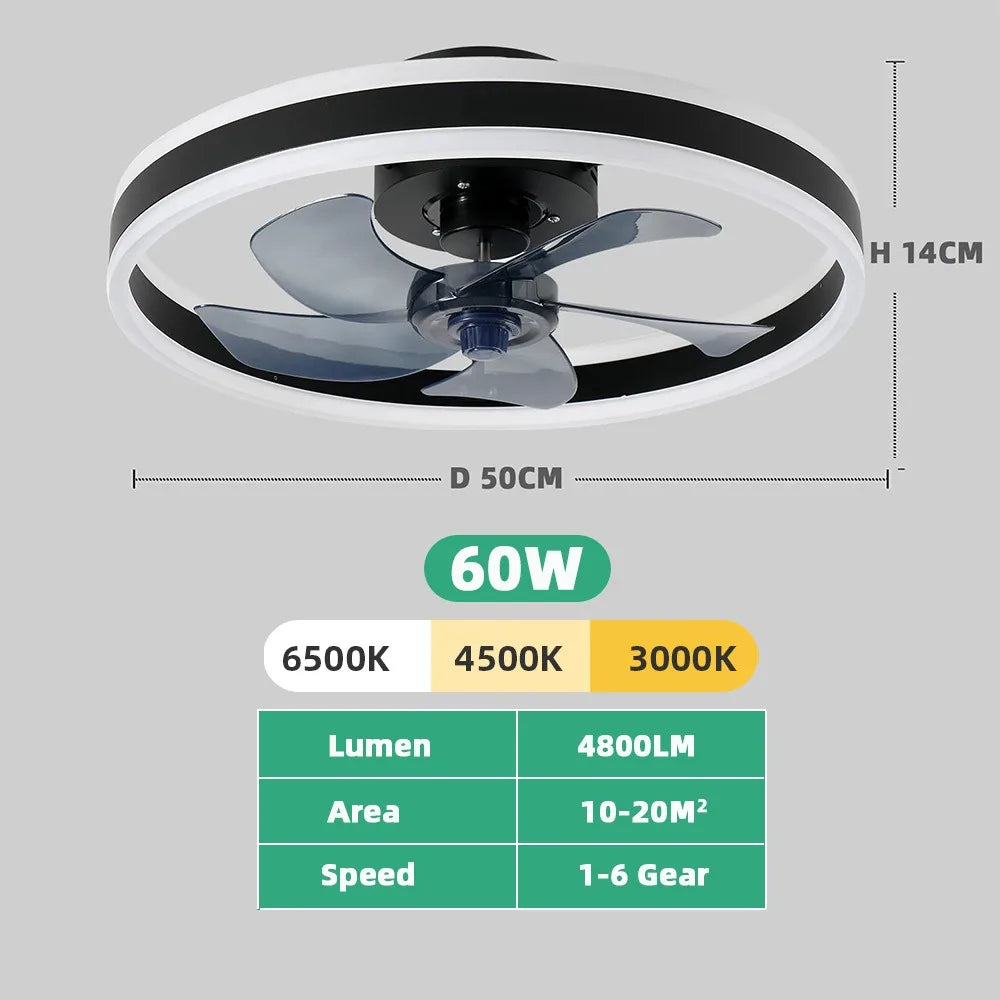 Ventilador de techo con luz LED y control remoto, 3 colores regulables, iluminación silenciosa para salón, comedor, dormitorio