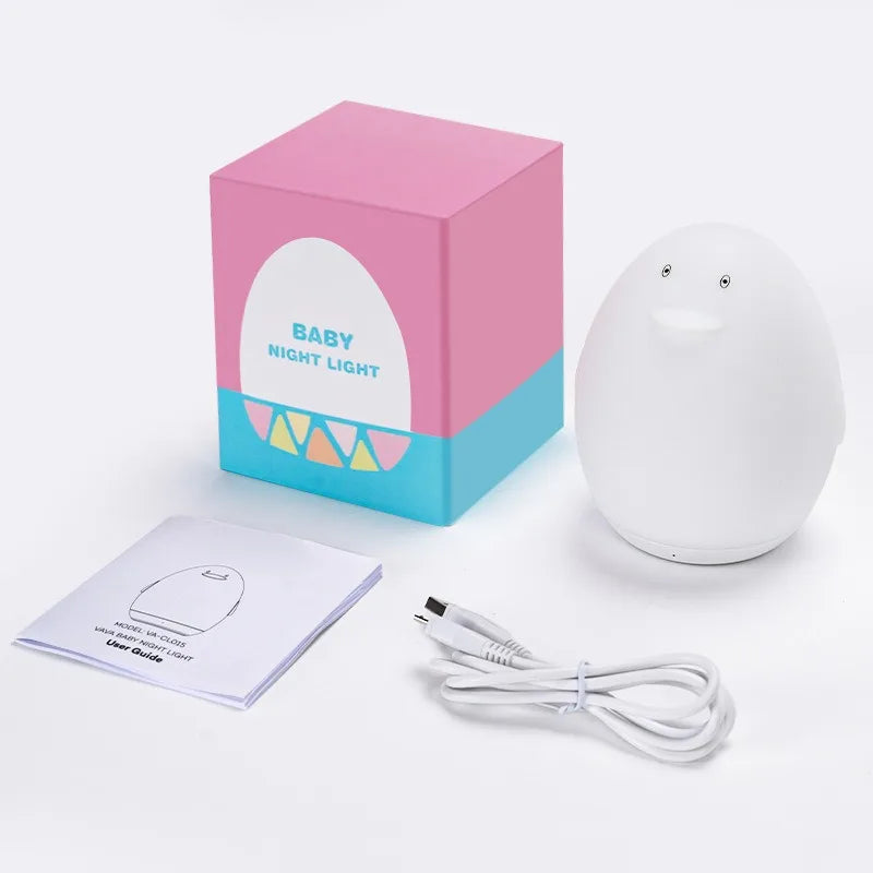 Luz nocturna de pingüino con forma de huevo, RGB, colorida, de silicona, para bebé, con sensor táctil para cambiar de color, carga USB, para dormitorio o cabecera.