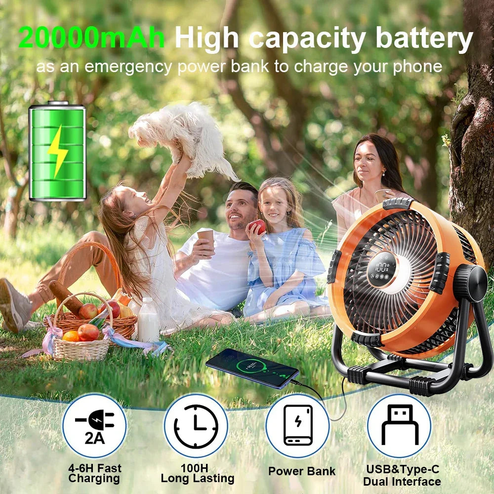 Outdoor Essentials | Rechargeable Camping Fan with LED Light & Power Bank | 20000mAh Battery for Extended Use