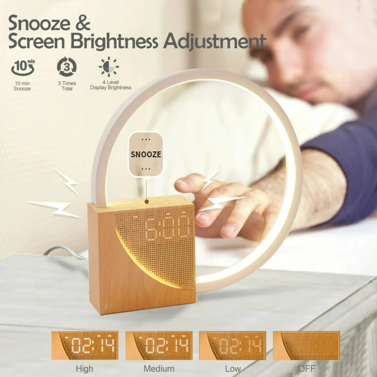 Réveil Lampe de Chevet Veilleuse Chargeur Téléphone Bruit Blanc Minuteur 3 Niveaux Intensité Variable Lampe de Table Tactile pour Chambre