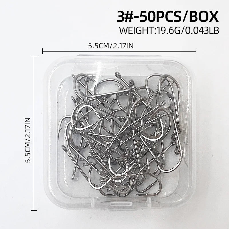 ShareShark 50-Piece High Carbon Steel Fishing Hooks with Barbed Curved Mouth | Long Shank Saltwater Hooks