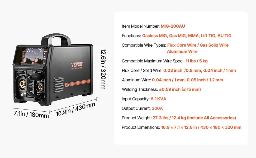 SucceBuy 5-in-1 MIG Welder 200Amp Multi-Process MIG TIG Stick Welding Machine LCD