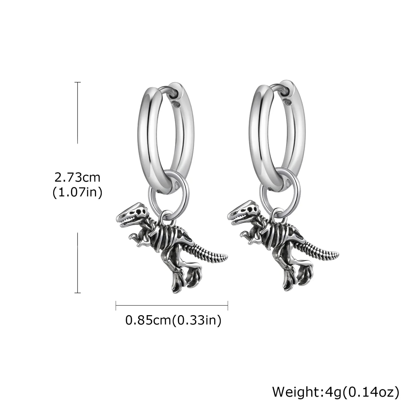 Dinosaur Drop Earrings | Stainless Steel Punk Rock Jewelry for Men and Women