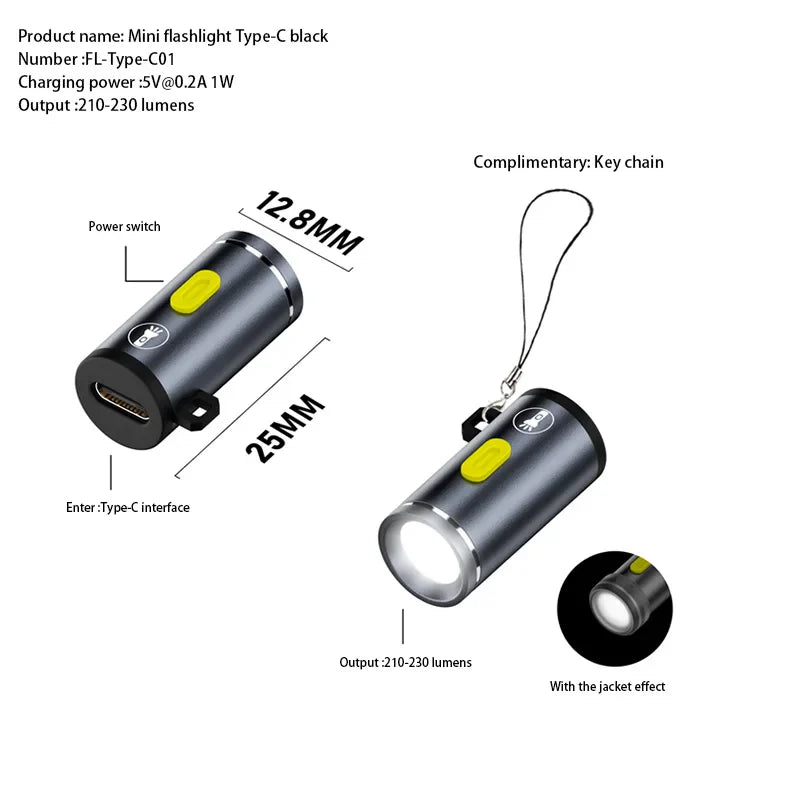 Mini High Brightness LED Flashlight | Type C Rechargeable Travel Torch