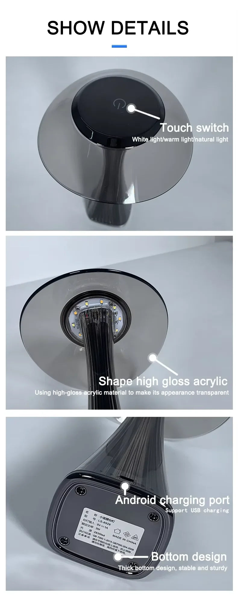 Touch Dimmable Wireless Table Lamp USB Rechargeable Bedside Ambient Light