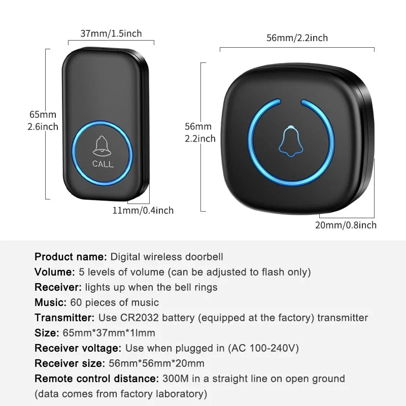 Wireless Smart Doorbell 300M Range Plug In 60 Melodies Welcome Chime