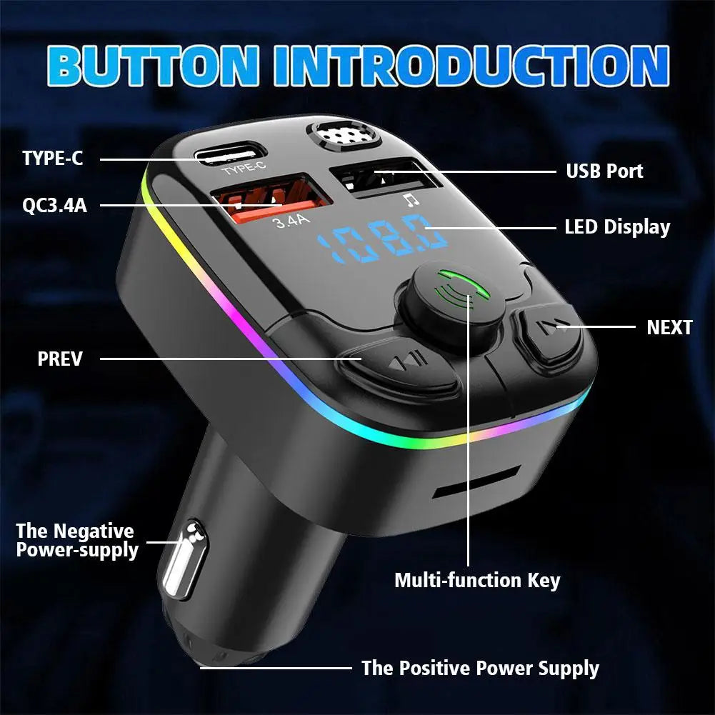 Bluetooth 5.0 FM Transmitter Car Charger with PD QC3.0 Fast Charging and Type C Adapter