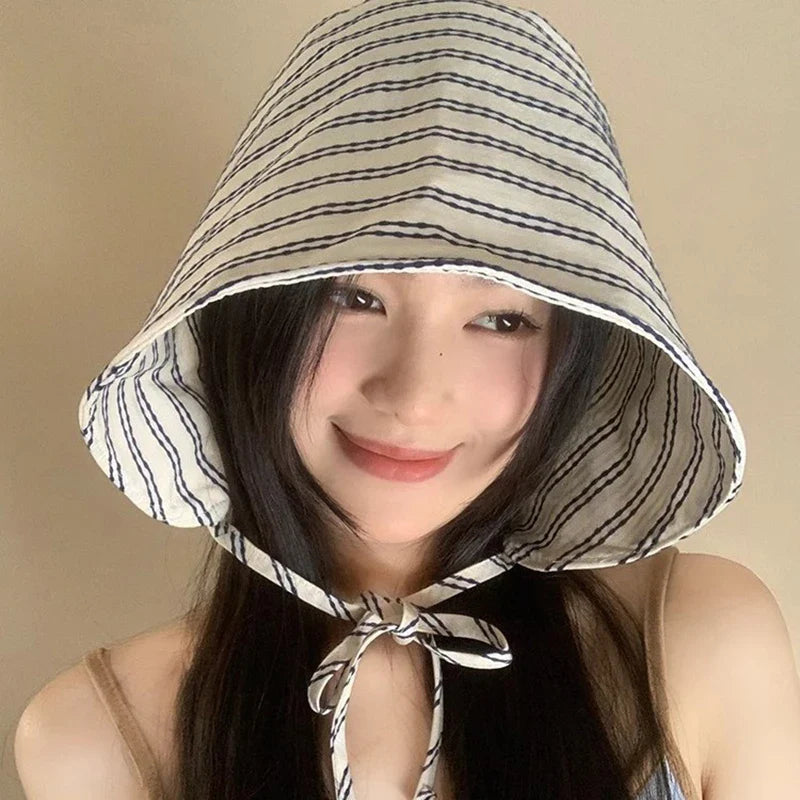Women's Large Brim Foldable Bucket Hat with Chin Strap | Korean Style Striped Panama Sun Hat