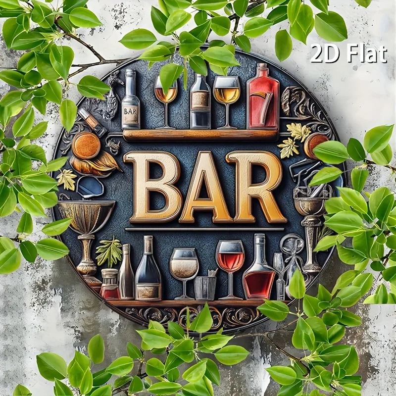 Plano 2D, 1 señal de barra de metal vintage - Elegante diseño de vino y copas, arte de pared redondo retro de aluminio para bares, cafeterías, casas de playa