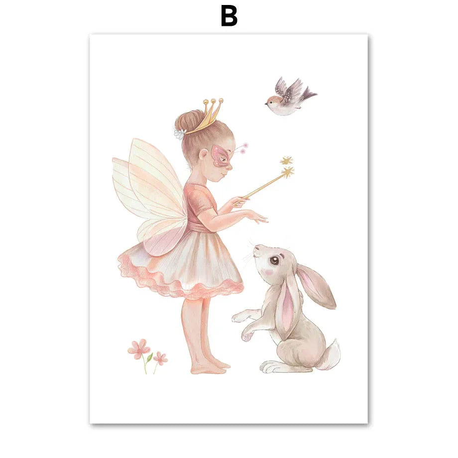 Niñas Ángel Kawaii Conejo Sol Arco Iris Nube Dibujos Animados Carteles Infantiles Pintura en Lienzo Impresión de Arte de Pared Imagen Decoración de Habitación de Bebés Niños