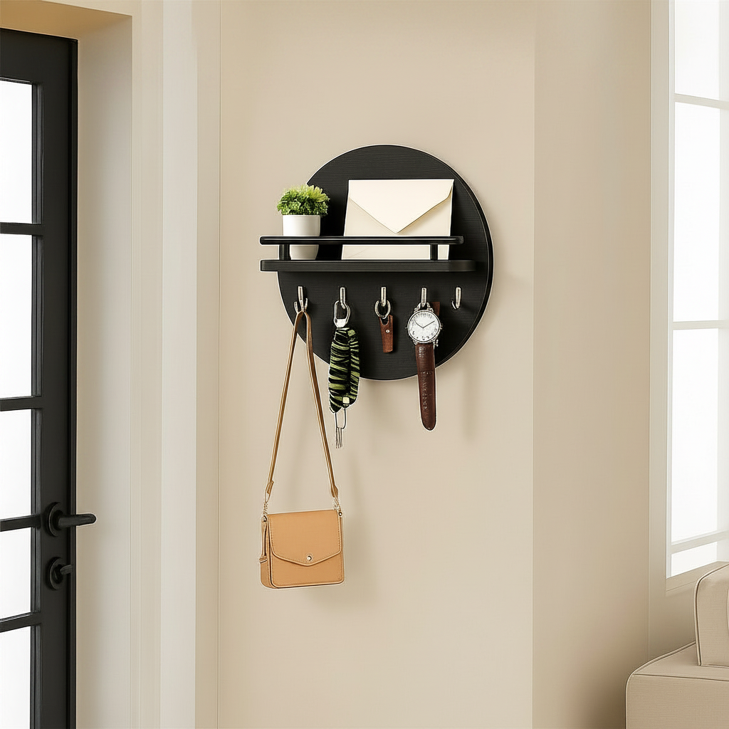 Round Wooden Key Holder Wall Mount Entryway Organizer Shelf Hooks