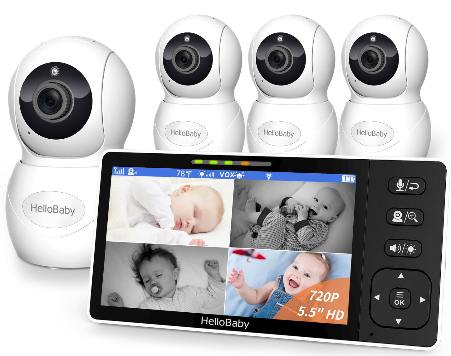 HelloBaby 5.5" 720P HD Video Baby Monitor – 4 Cameras, Split Screen, Pan/Tilt/Zoom & Night Light