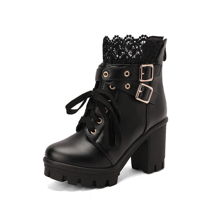 Bottes cheville lacées à talons carrés pour femmes, couleur blanc et noir