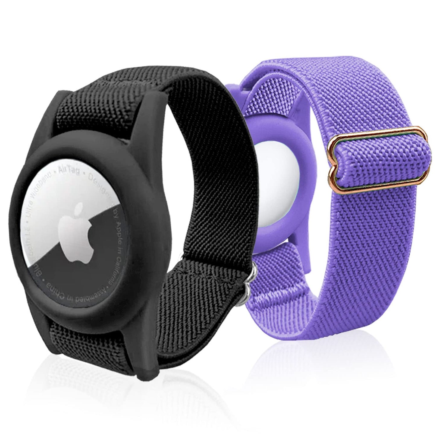 AirTag Bracelet for Kids 2 Pack Elastic Adjustable Wristband Anti-Lost Holder for Apple AirTag (Black & Purple)