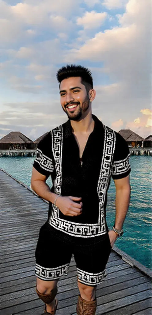 Ensemble chemise et short d'été pour homme imprimé 3D à manches courtes et revers zippé géométrique