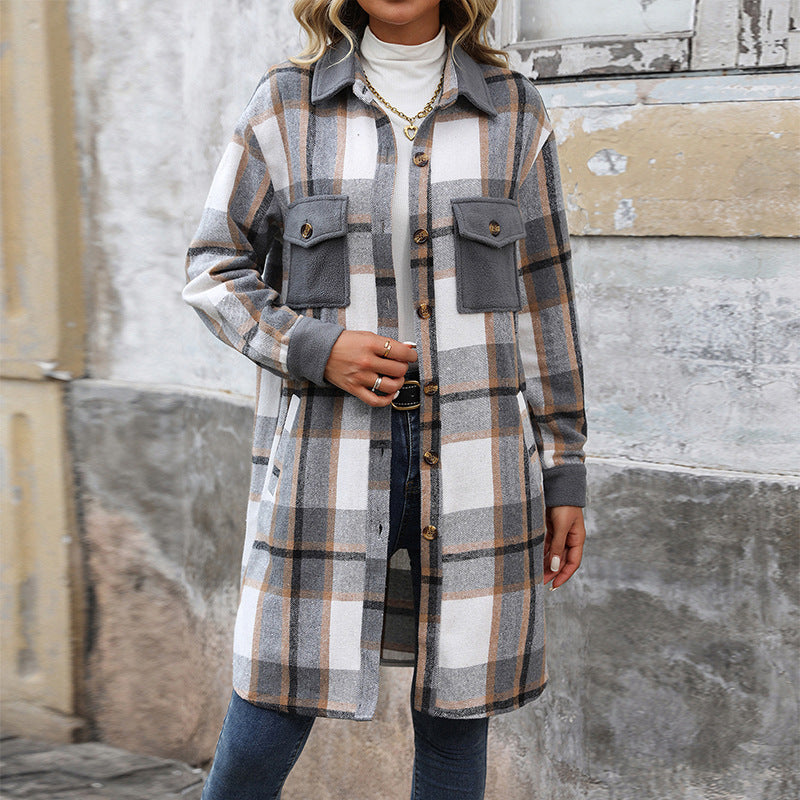 Nuevo Abrigo Largo de Cuadros Cepillado con Bolsillos Chaqueta de Invierno de Moda Ropa de Abrigo para Mujer