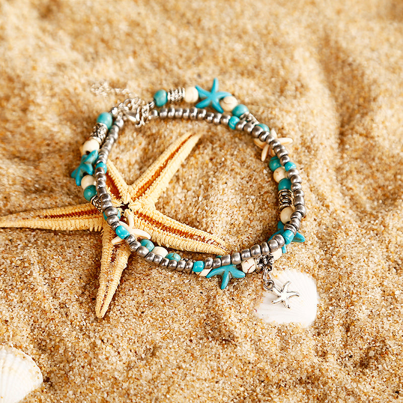 Cheville Créative Personnalité Mode Accessoires Double Étoile de Mer Perles de Riz Bijoux Yoga Plage