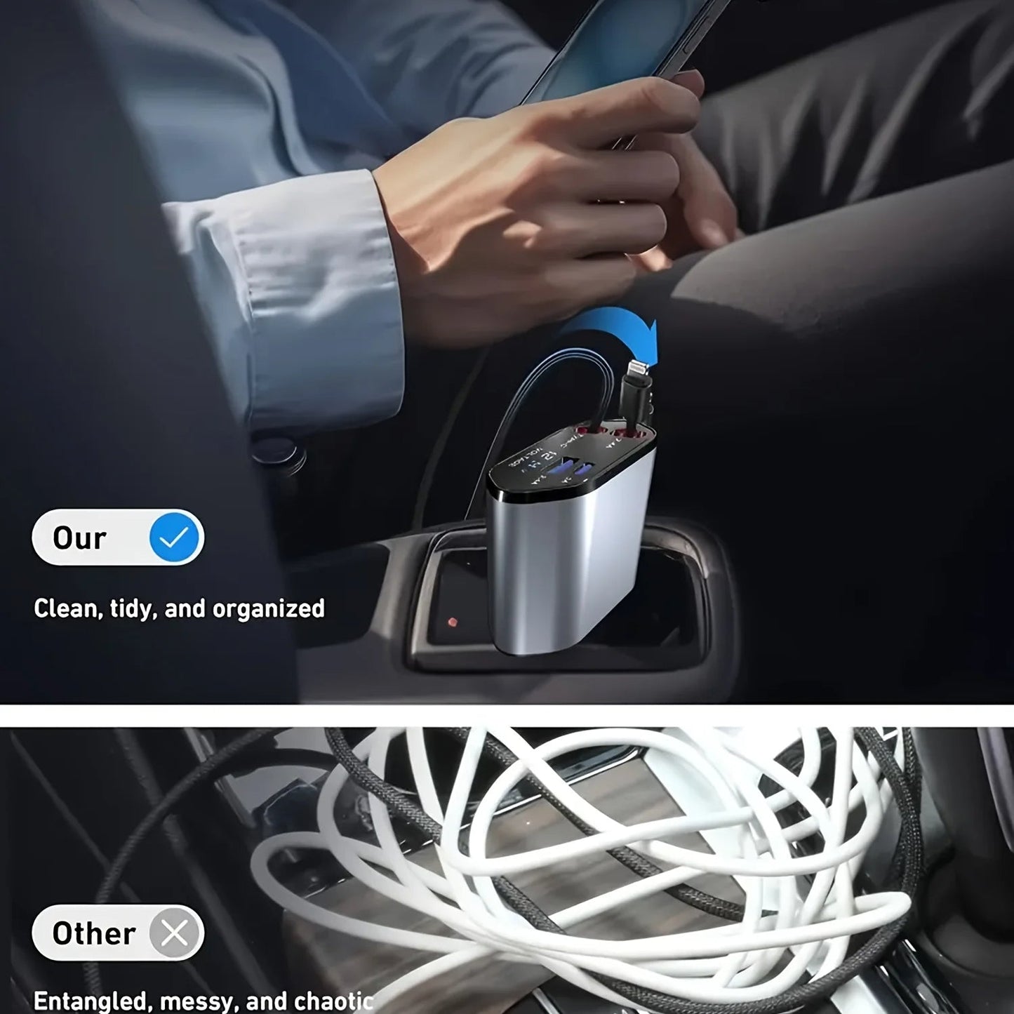 120W Car Charger Retractable Cable USB & USB-C Fast Charging Car Adapter