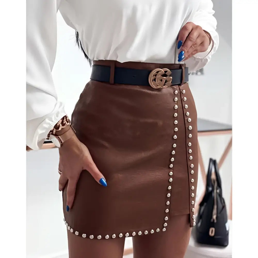 Elegant Fashion Rivets PU Leather Mini Skirt
