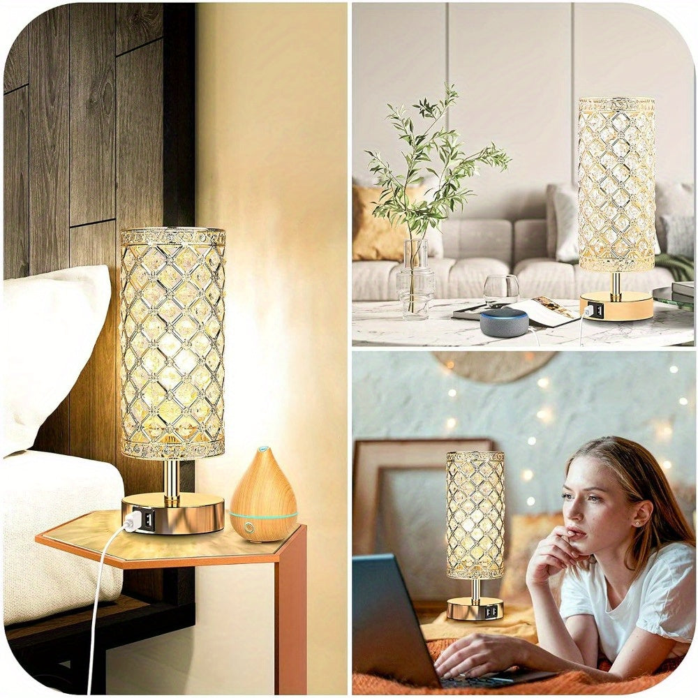 Set of 2 Crystal Table Lamps – Touch Control USB Bedside Lights, 3-Way Dimmable