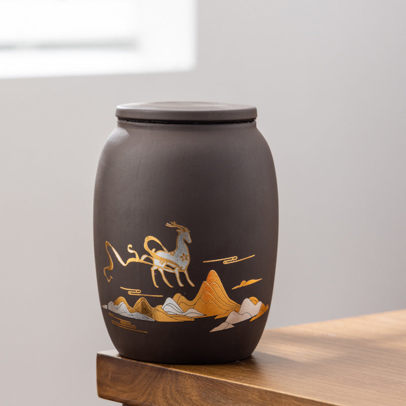 Bote de té de gres de arena púrpura con sellado