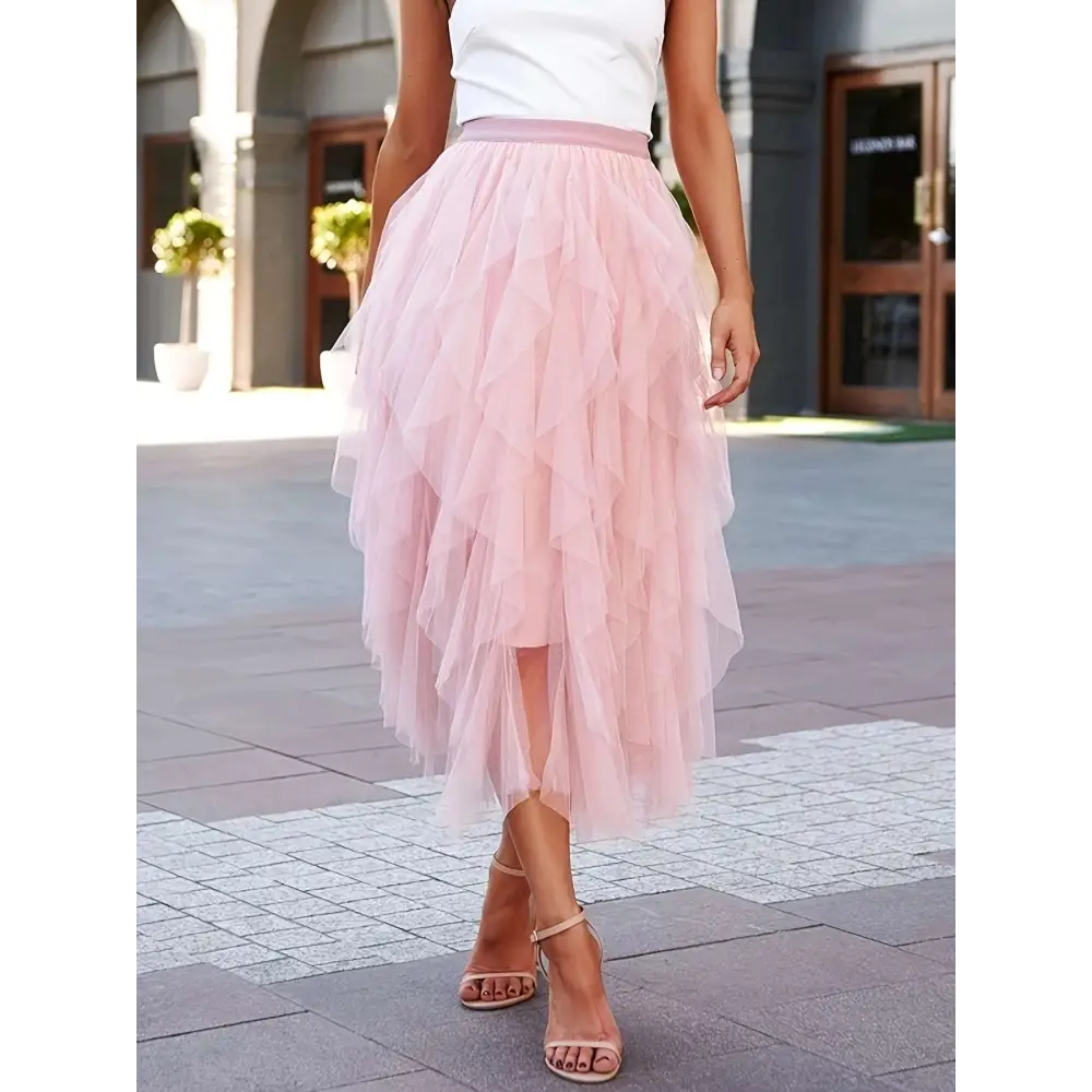 High Waist Tiered Pink Slimming Mesh Skirt