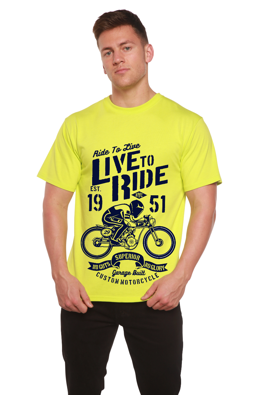 Camiseta gráfica de manga corta de viscosa de bambú y algodón orgánico para hombre "Live To Ride"