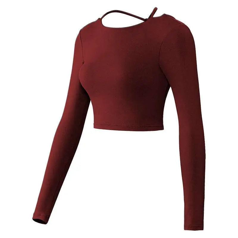 Mauve Crisscross Strap Long Sleeve Yoga Crop Top