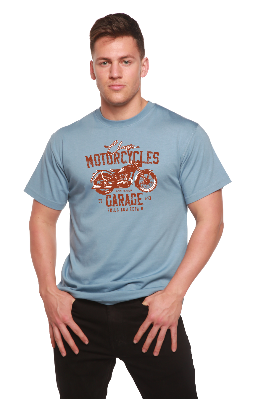 T-shirt graphique à manches courtes en viscose de bambou/coton biologique pour homme Motif Garage à motos