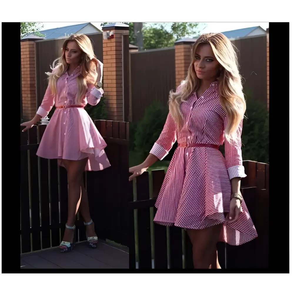 Robe à manches longues rayée rose pour femme, cocktail, décontractée