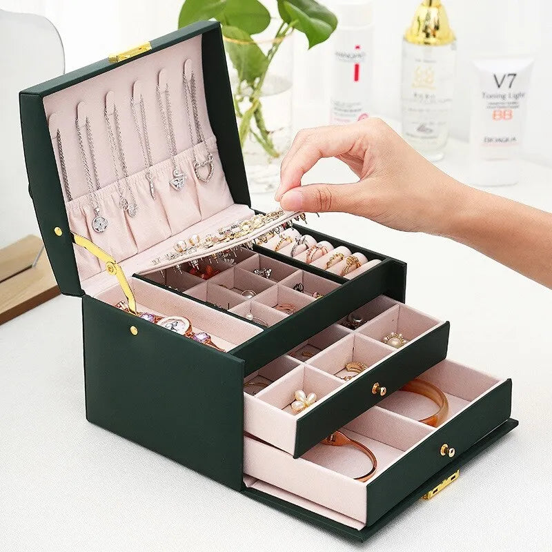 3 Layer Leather Jewelry Box Organizer with Drawers Velvet Lined 17.5cm