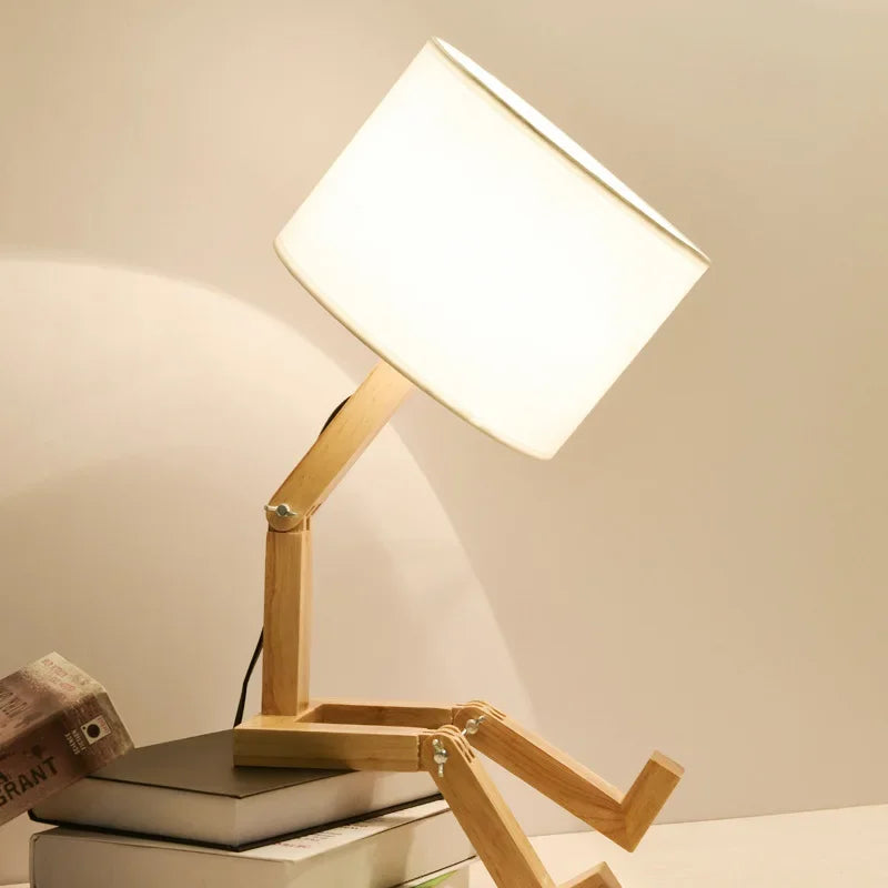 Adjustable Wooden Robot Table Lamp E27 Bedside Light with