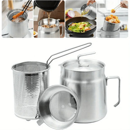 Stainless Steel Oil Filter Pot with Fine Mesh Strainer & Fry Basket – Grease Container for Kitchen Cooking Oil Storage