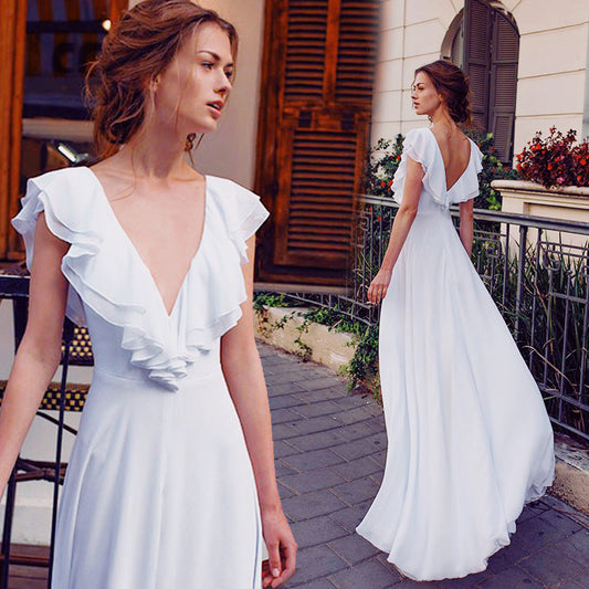 Robe de mariée de vacances dos nu à col en V plongeant