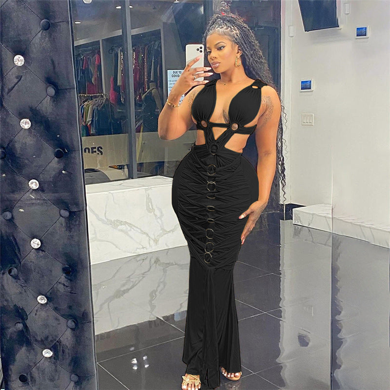 Vestido Tubo Ajustado de Cintura Alta con Cordones, Rasgado y Calado, Sexy, de Chica Caliente, Estilo Europeo y Americano