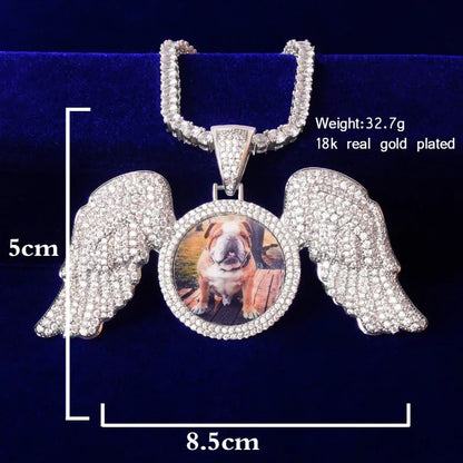 Large Winged Round Photo Copper Hip Hop Photo Frame Pendant Necklace