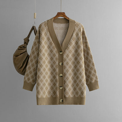 V-neck Cardigan Sweater Casual Loose Diamond Plaid Sweater Coat