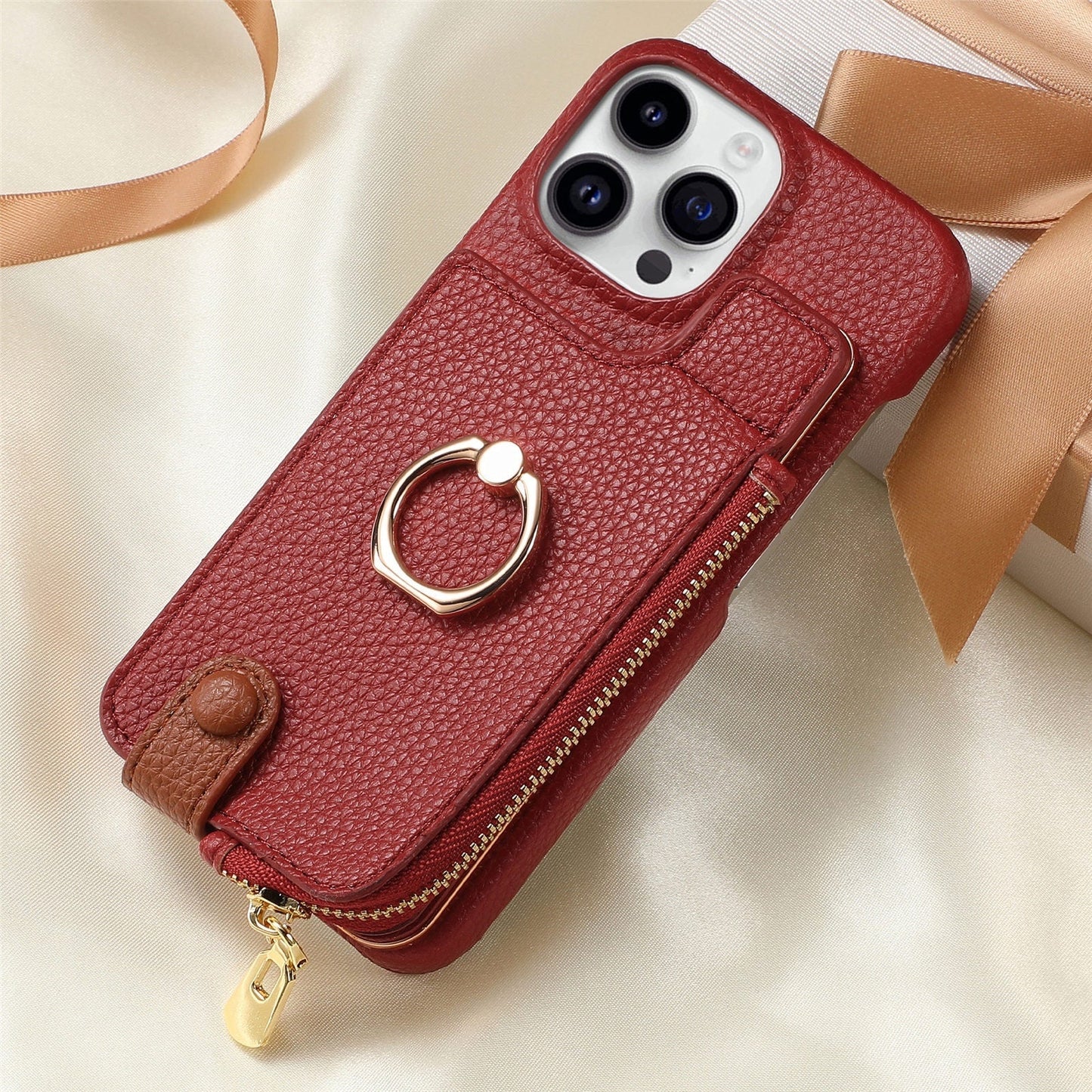 Ring Bracket Zipper Card Holder iPhone Case – Embossed Faux Leather | iPhone X–16