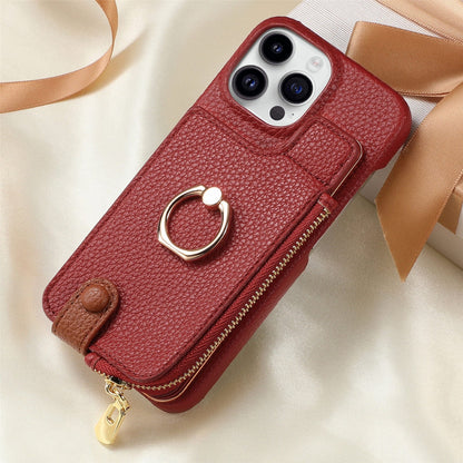 Ring Bracket Zipper Card Holder iPhone Case – Embossed Faux Leather | iPhone X–16