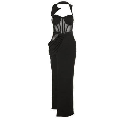 Back Mesh Pierced Air Quality Temperament Slit Dress