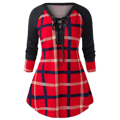 Nouvelle Robe Longue à Carreaux Imprimée Manches Longues Grande Taille Rouge Vin Mignonne Printemps et Automne pour Jeune Adulte