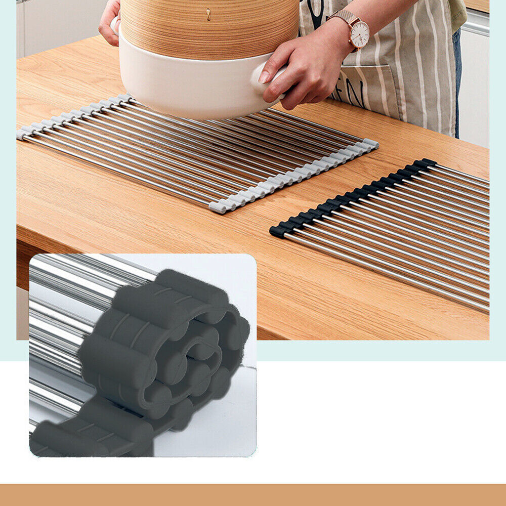 Roll-Up Dish Drying Rack – Stainless Steel Sink Drainer Mat