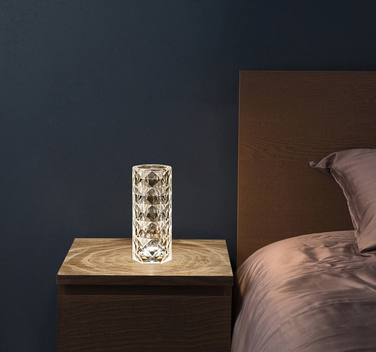 Lampe en cristal nordique USB Lampe de table Chambre tactile variateur Lampe d'ambiance diamant Lampe de projecteur rose Décoration