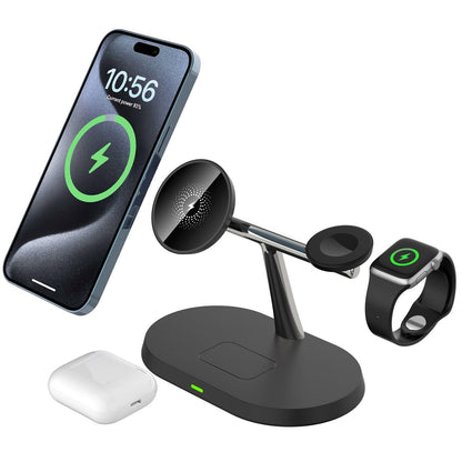 3-in-1 Magnetic Wireless Charger Stand for iPhone, Apple Watch & AirPods – 15W Fast Charging