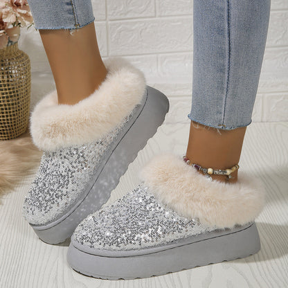 Zapatos de felpa con lentejuelas y suela gruesa a la moda, zapatillas cálidas informales de invierno para interior y exterior, zapatos de jardín para mujer
