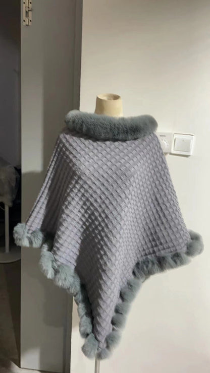 New Luxury Rabbit Fur Collar Shawl Cape for women Elegant Autumn Winter Fashion