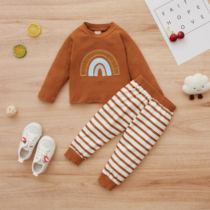 Ensemble Fille Sportif Pull à Manches Longues sans Capuche en Coton Arc-en-ciel et Pantalon